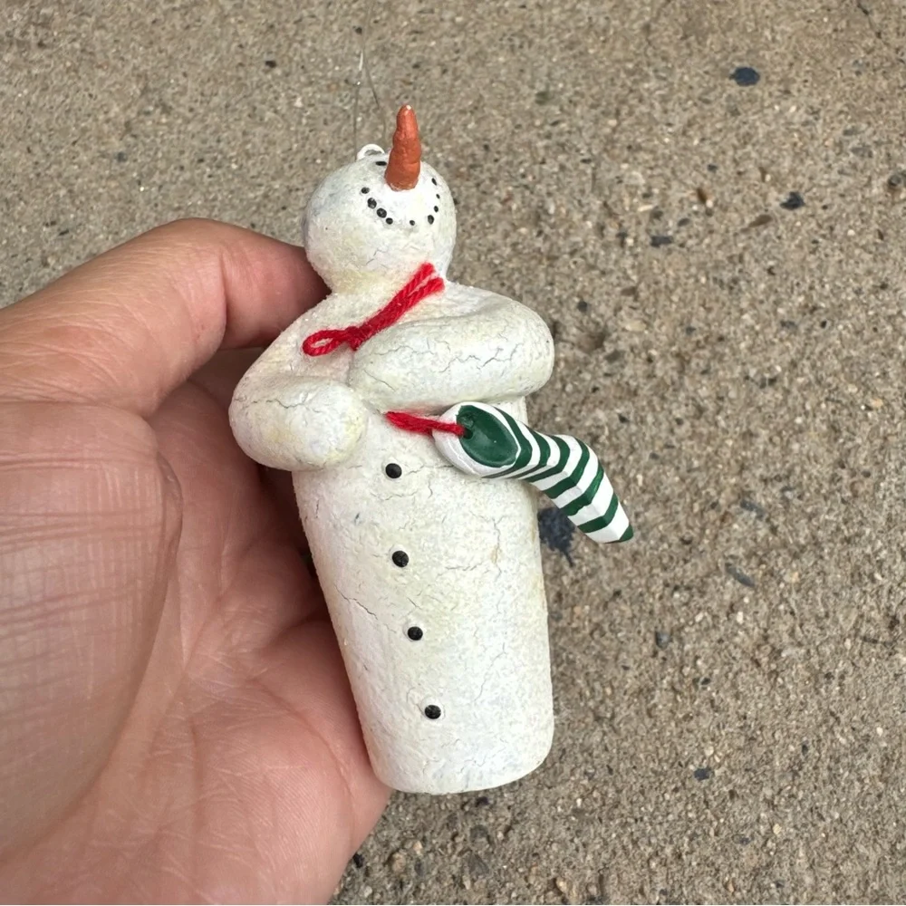 VTG Department 56 Crackled Snowman Ornament‎ with Red Scarf and Green Stocking